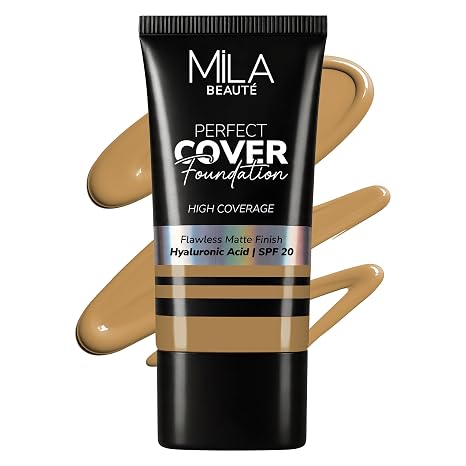 Mila Beauté Perfect Cover Foundation with Hyaluronic Acid & SPF 20 | High Coverage & Flawless Matte Finish | Super Hydrating & Lightweight Formula | Suitable for All Skin Types - 8 Honey
