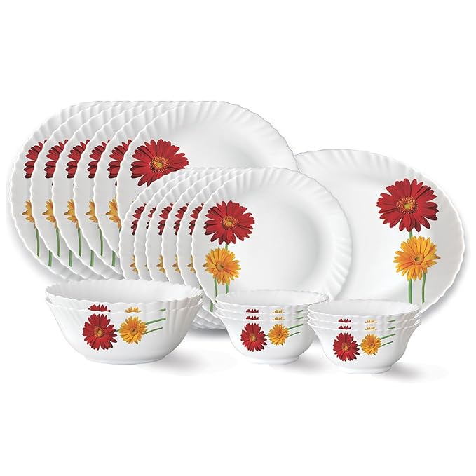 Larah by Borosil Zinnia Fluted Series Opalware Dinner Set | 21 Pieces for Family of 6 | Microwave & Dishwasher Safe | Bone-Ash Free | Crockery Set for Dining & Gifting | Plates & Bowls | White