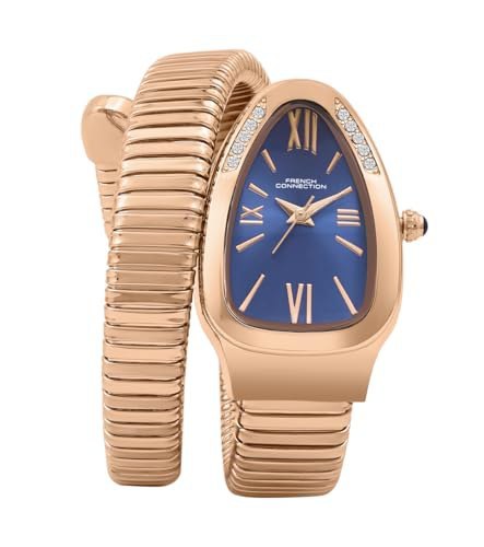 French Connection Eternelle Curve | Blue Dial with Rose Gold Case | Flexible Wrap Bracelet Strap | Crystal Accent Design | Roman