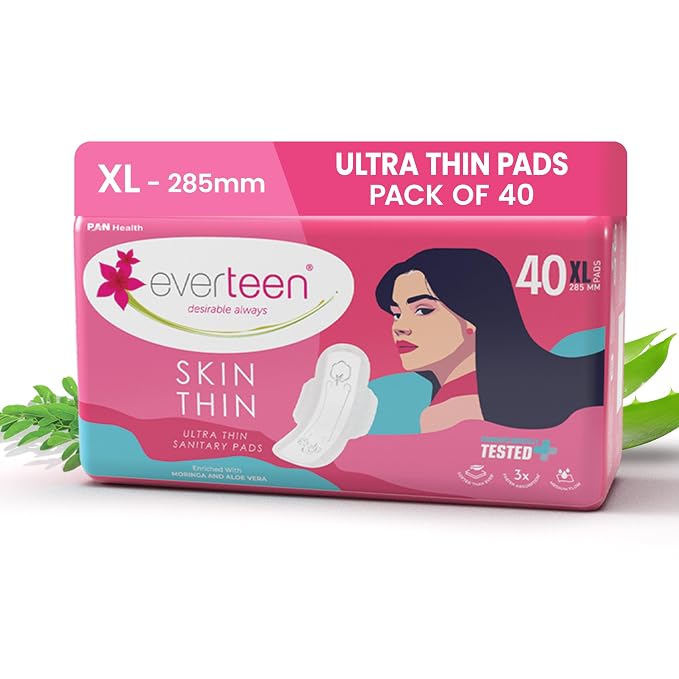 everteen SKIN THIN XL 40 Sanitary Pads for Women 285MM, Infused with Moringa and Aloe vera, Dermatologically Tested Premium Ultra Thin pads, Wider Back Coverage for No Stains, Rash-Free - Pack of 1