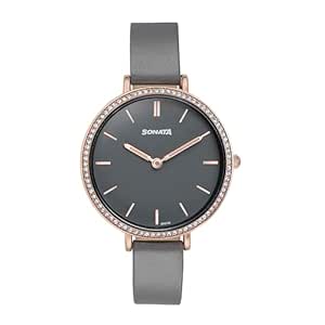 Sonata Quartz Analog Grey Dial Grey Leather Strap Watch for Women