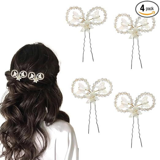 TEMPERIA (4 pcs) Crystal U Pin Hair Accessories For Women & Girls - Artificial Flowers Bun Juda Bridal Pins for Hairstyle & Decoration - Pins & Clips for Style of Bride - White (MN02)