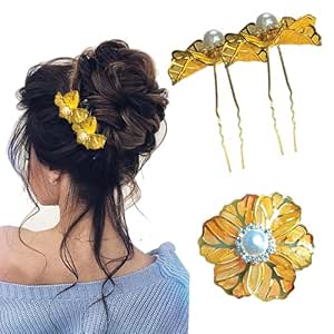 TEMPERIA (2 pcs) U Pin Hair Accessories For Women & Girls - Artificial Flowers Bun Juda Bridal Pins for Hairstyle & Decoration - Pins & Clips for Style of Bride - Gold (MN01)