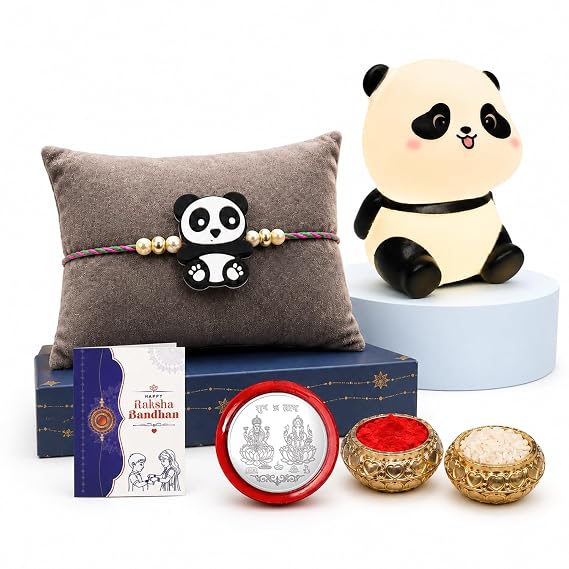 Oblivion Rakhi for Brother – Cute Panda Design Kids Rakhi with Decorative Panda Shape Night Lamp, Silver Color Pooja Coin, Greeting Card & Tilak Set – Tradtional Raksha Bandhan Combo for Kids