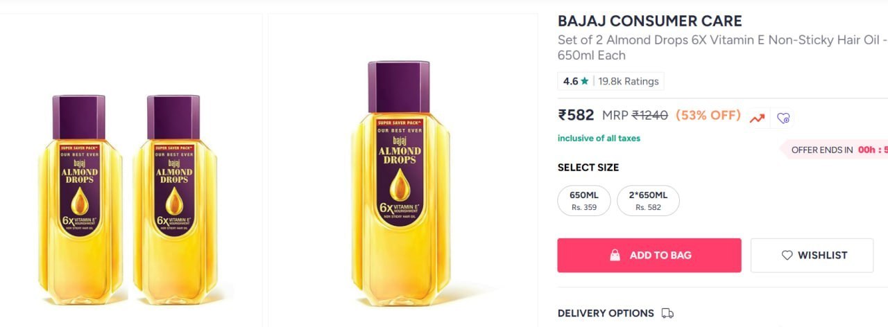 Myntra : BAJAJ CONSUMER CARE Set of 2 Almond Drops 6X Vitamin E Non-Sticky Hair Oil - 650ml Each